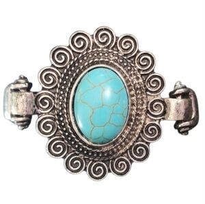 Turquoise and Silvertone Ornate Bracelet with Intricate Design